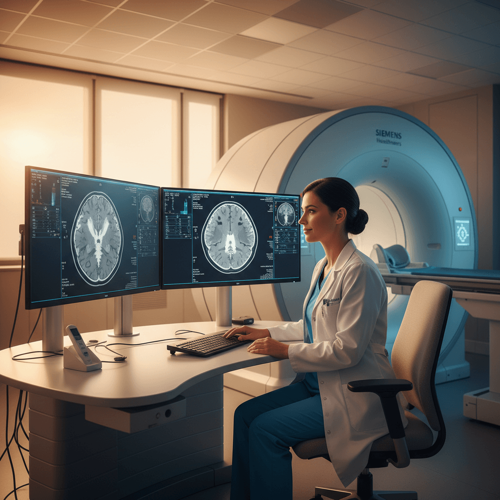 Healthcare professional reviewing MRI diagnostic images