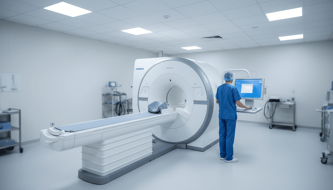 Siemens MRI machine in modern diagnostic imaging facility with technician adjusting controls